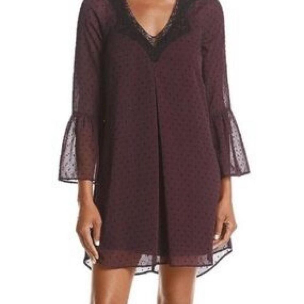 DR2 Plum Purple Swiss Dot A Line Dress Keyhole Neck Bell Sleeve Whimsigoth Sz L